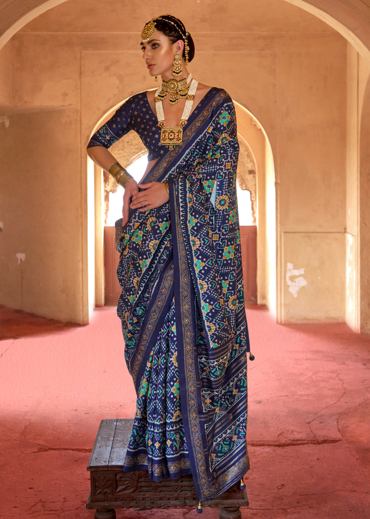 Navy Blue Printed Patola Silk Saree