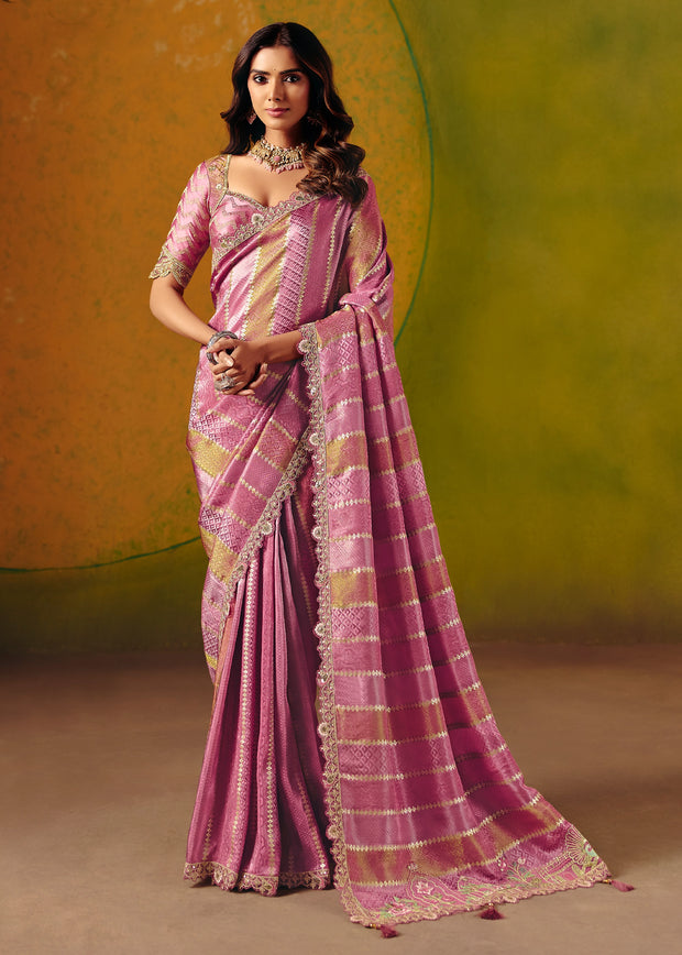 Violet Pink Designer Embroidered Saree