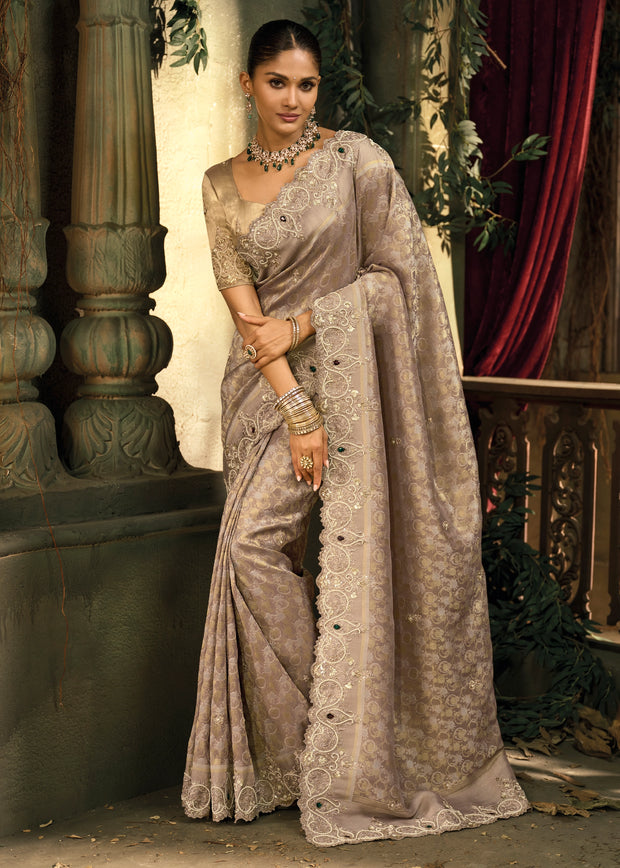 Lilac Grey Embroidered Designer Tissue Saree