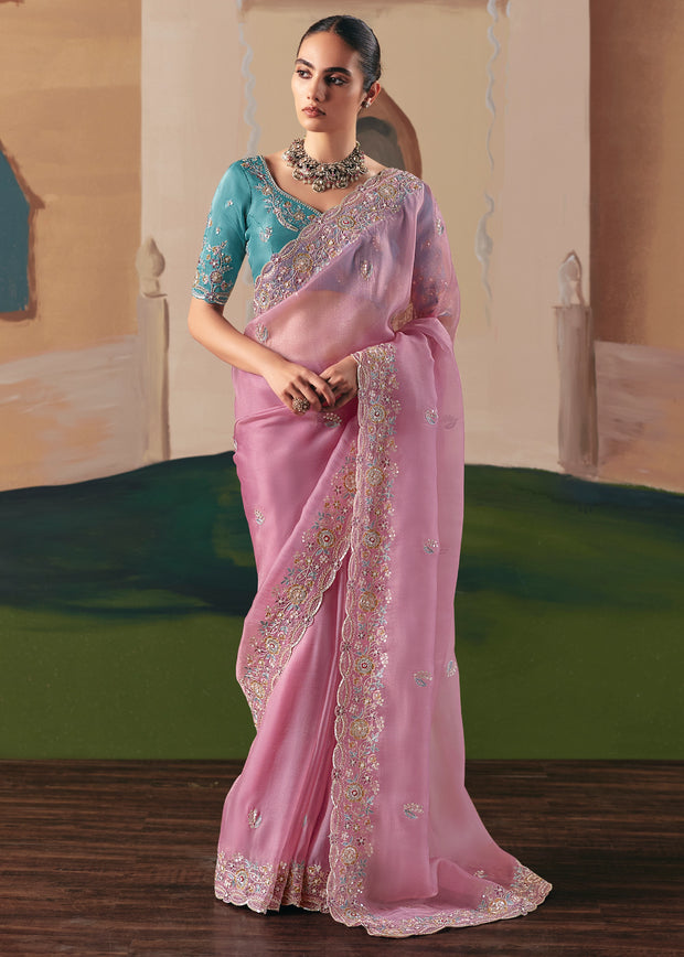 Light Pink Embroidered Designer Saree