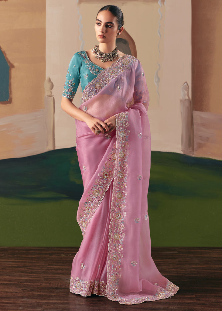 Light Pink Embroidered Designer Silk Saree