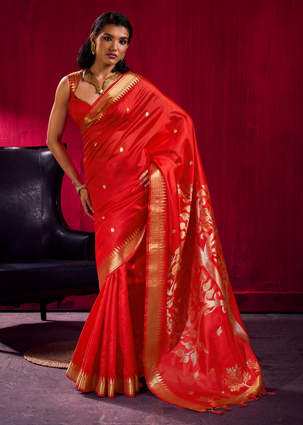 Spanish Red Banarasi Satin Linen Silk Saree
