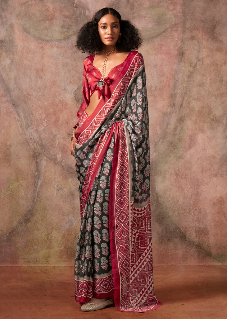 Olive Black Printed Crepe Satin Silk Saree