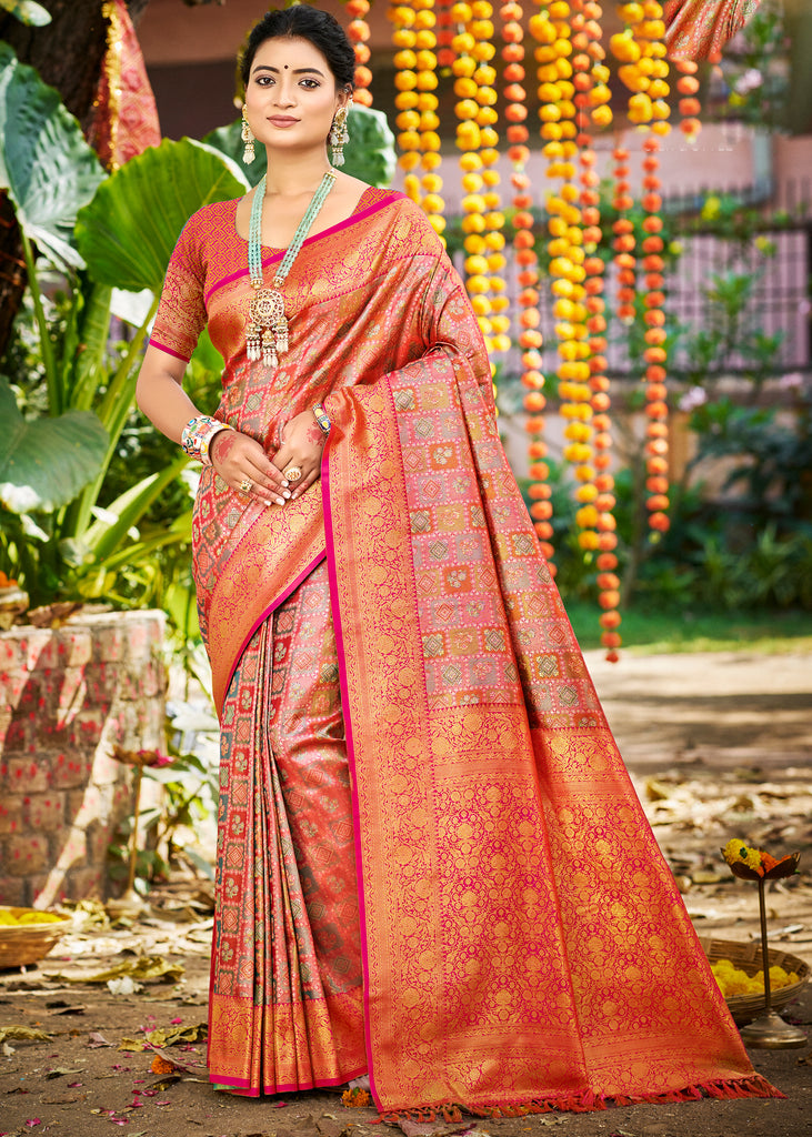 Peach Pink Dual Tone Woven Banarasi Silk Saree