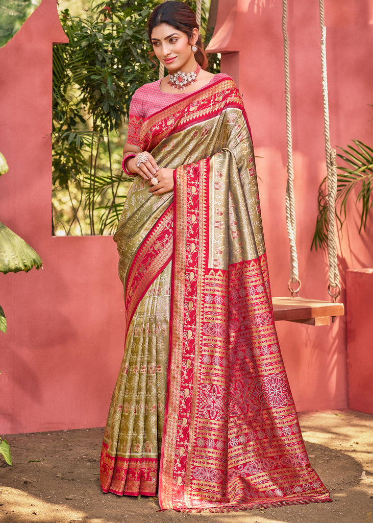Olive Green Woven Kanjivaram Silk Saree