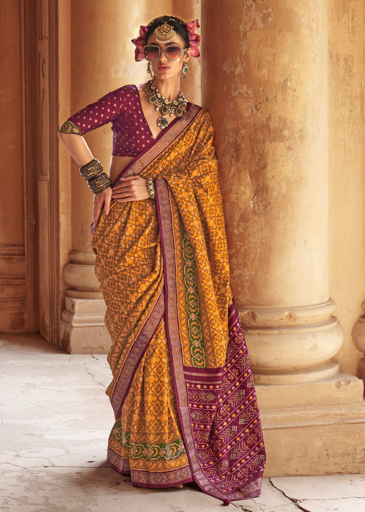 Apricot Yellow Printed Patola Silk Saree