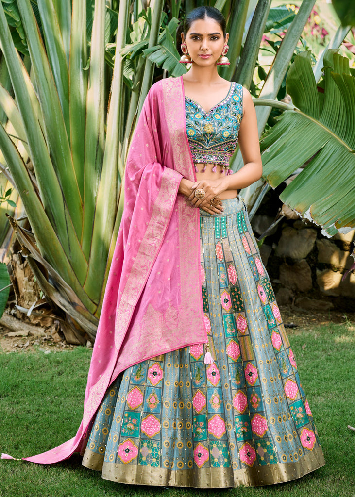 Beautiful Lehenga with golden blouse and sky blue nett dupatta | Simple  lehenga, Indian outfits lehenga, Indian fashion dresses