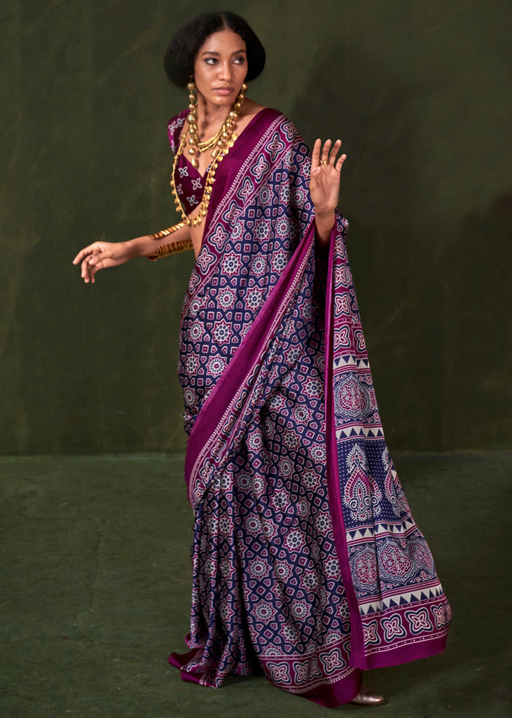 Gloxinia Purple Printed Satin Crepe Silk Saree