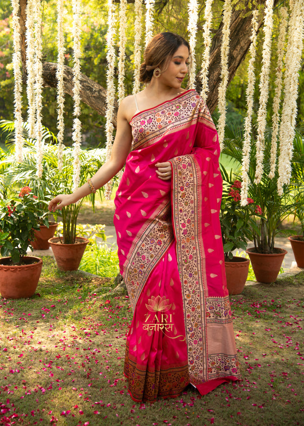 Adah pink Paithani Katan silk saree with Meenakari jangla border in resham and zari