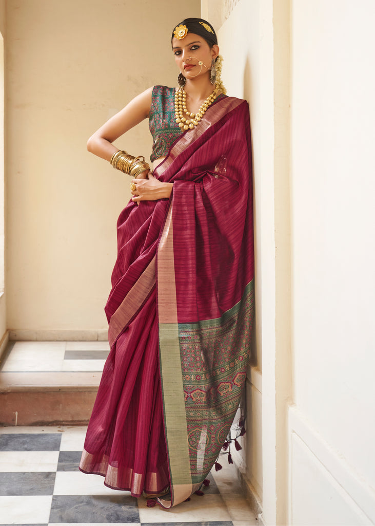 “Exclusive Offer” :Crimson Red Woven Banarasi Tussar Silk Saree