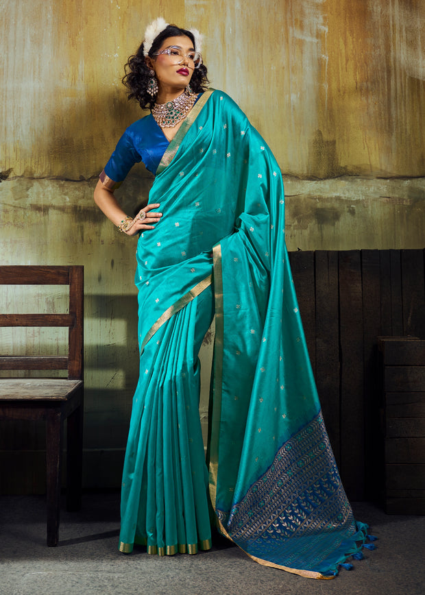 Teal Blue Banarasi Tusser Silk Saree