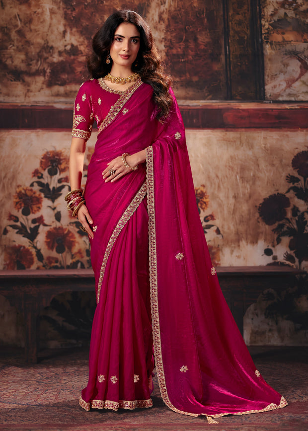 Magenta Pink Designer Satin Silk Saree With Embroidered Blouse