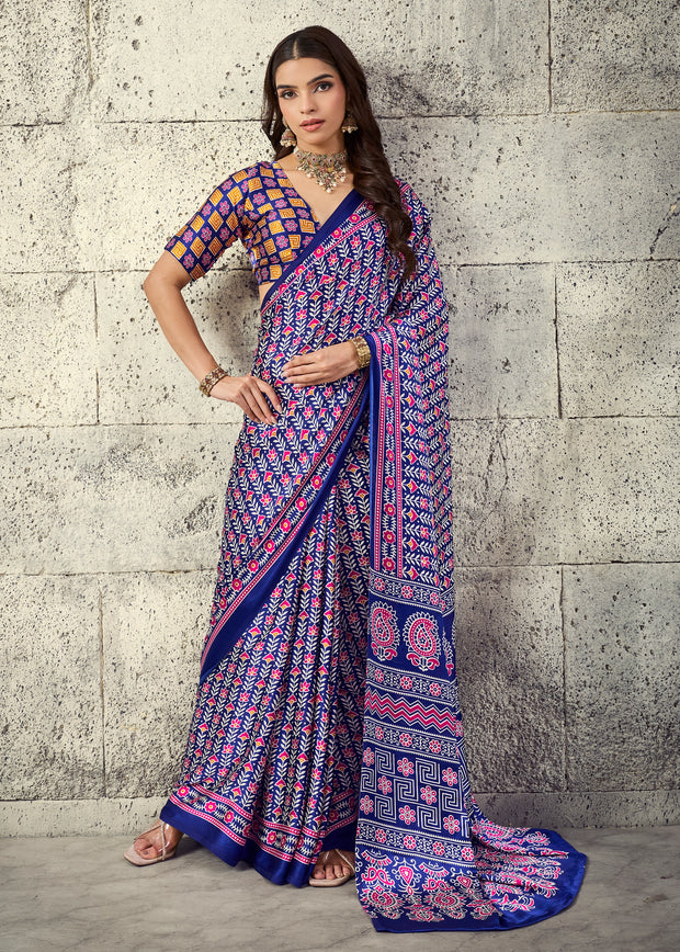 Crystal Blue Printed Satin Silk Saree