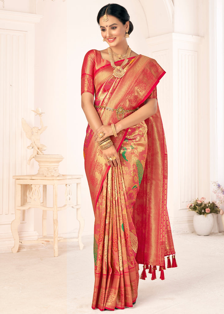Shop Handloom Silk Powder Peach Kanjivaram Saree Online India USA – Sunasa