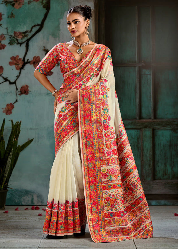 Creamy White Woven Cotton Kashmiri Jamewar Saree