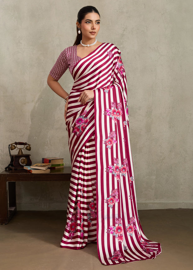 Mauve Pink Printed Satin Silk Saree