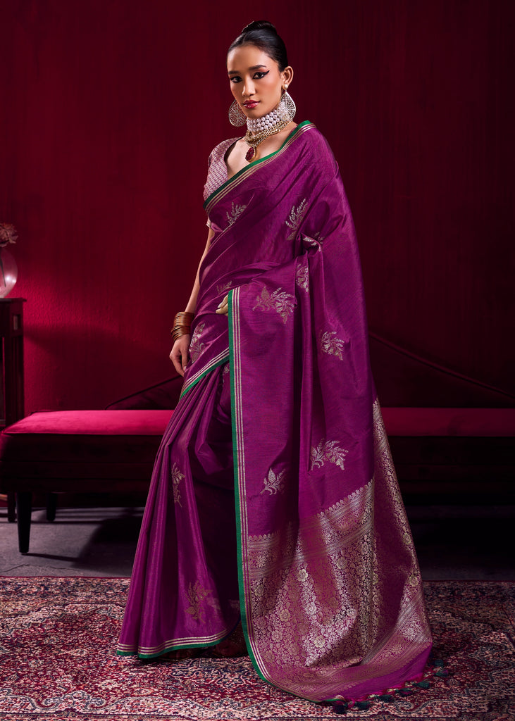 Phlox Purple Woven Banarasi Satin Linen Silk Saree