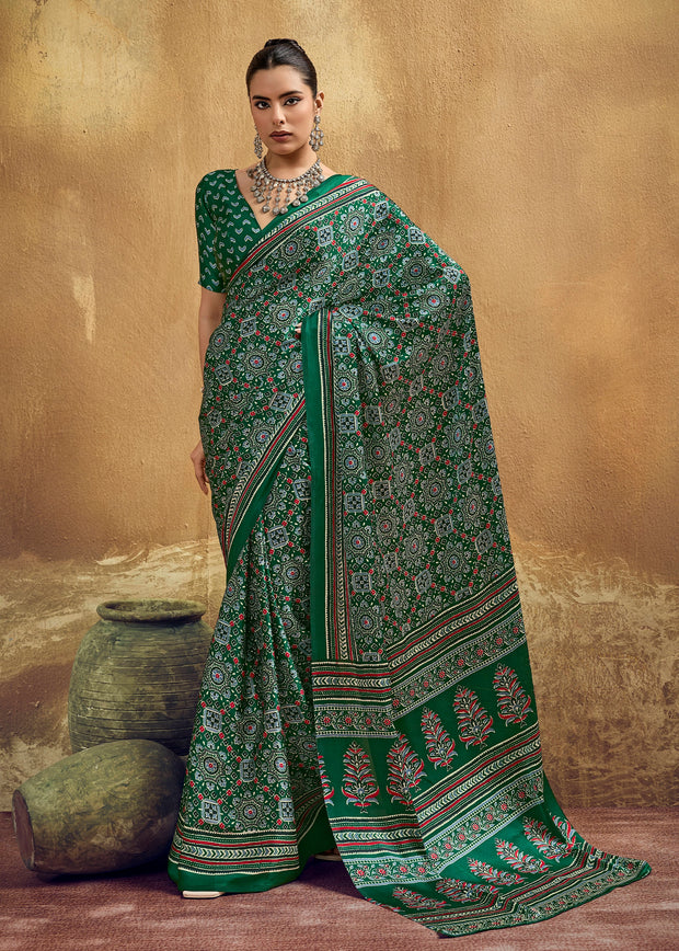 Bottle Green Printed Satin Silk Saree