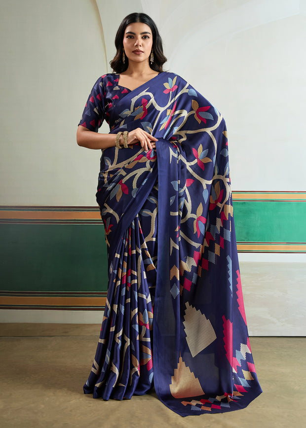 Twilight Blue Printed Satin Silk Saree
