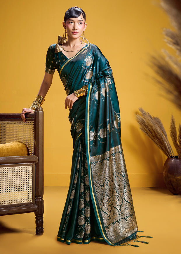 Pacific Green Banarasi Satin Silk Saree
