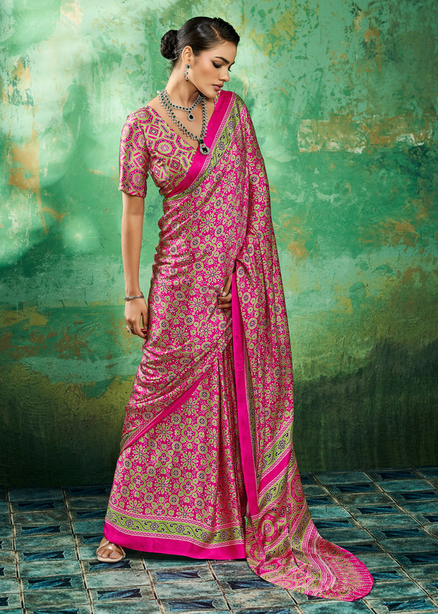 Pink Printed Satin Silk Saree
