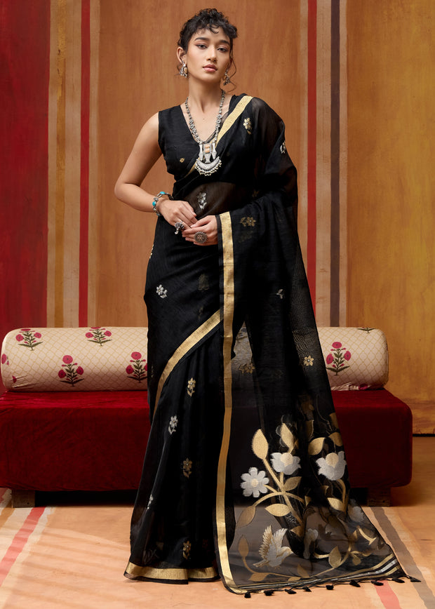 Phantom Black Woven Cotton Silk Saree