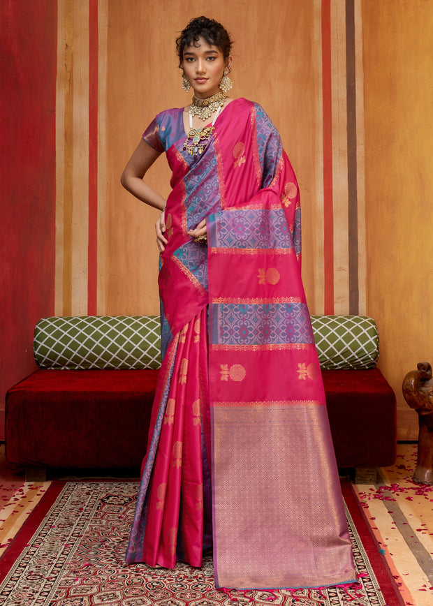 Pink Blue Woven Banarasi Silk Saree