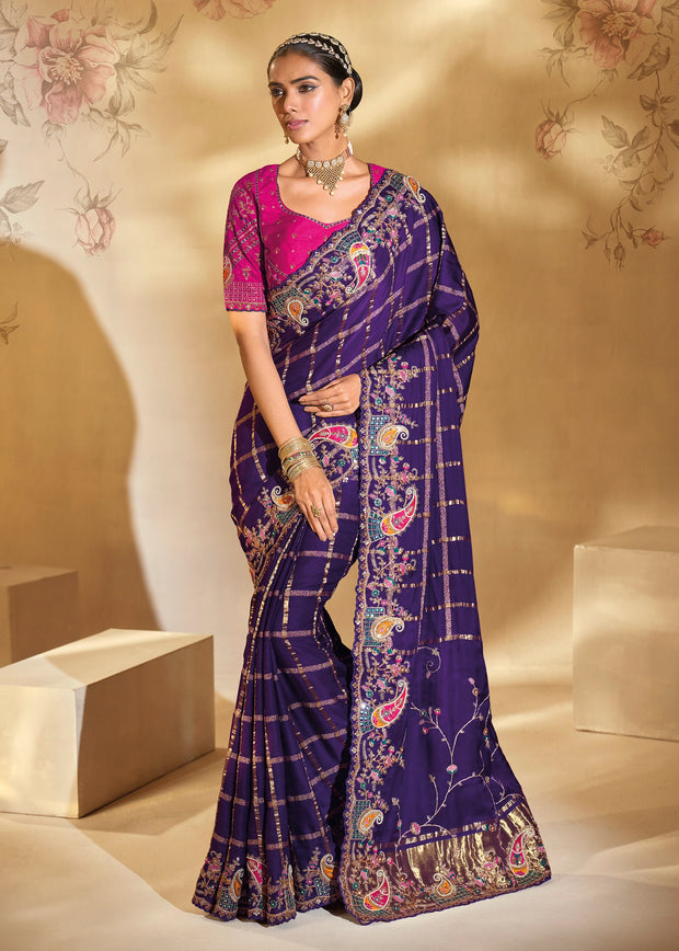 Traditional Purple Designer Embroidered Silk Saree