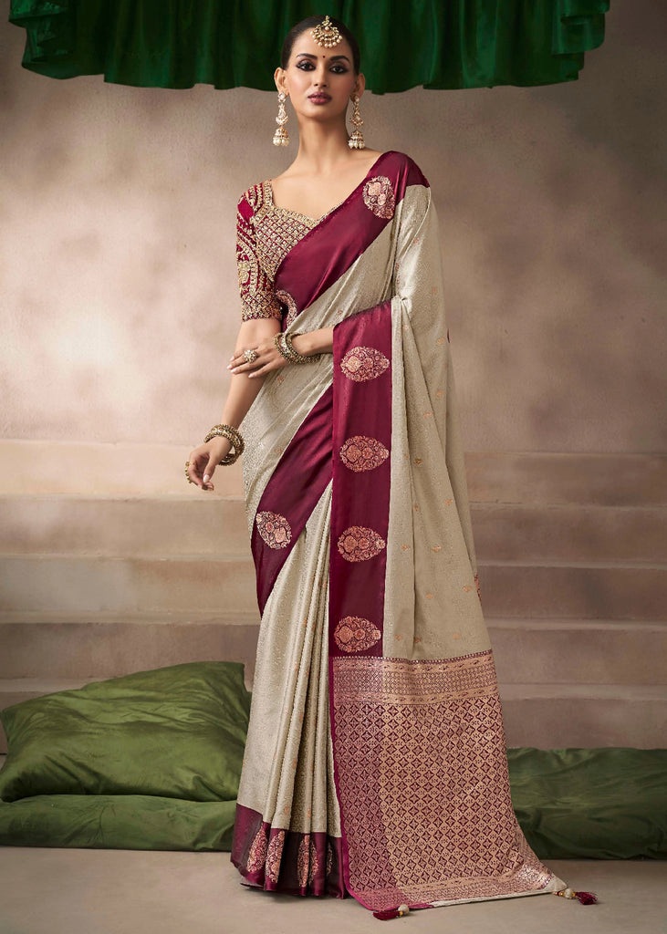 “Exclusive Offer” : Beige & Maroon Woven Banarasi Satin Silk Saree
