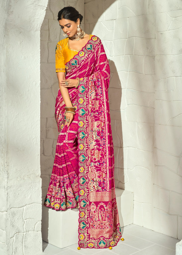 Magenta Pink Embroidered Georgette Bandhej Saree