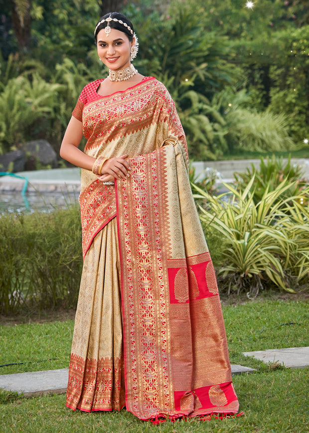 Gold beige Banarasi silk saree with handwoven zari motifs from Varanasi