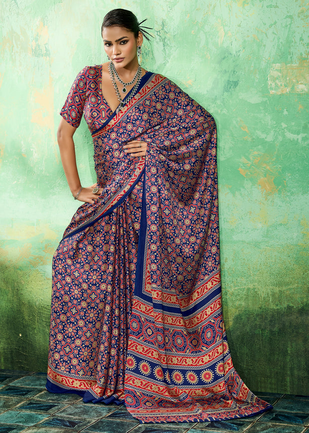 Blue Printed Satin Silk Saree
