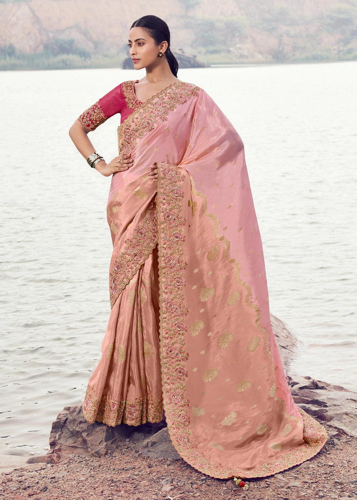 Pink & Peach Woven Embroidered Tissue Organza Saree