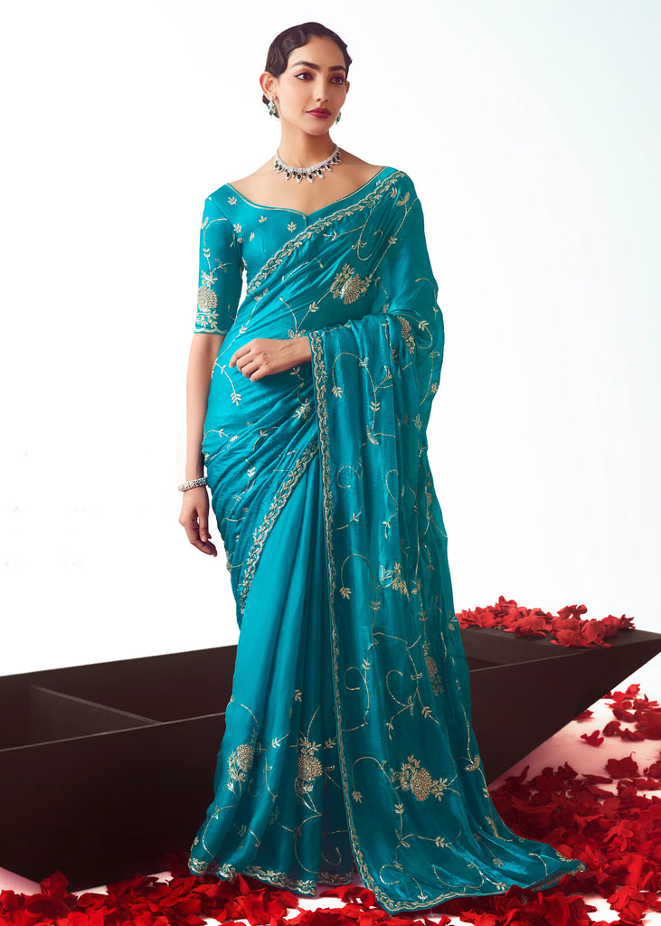 Horizon Blue Embroidered Designer Tissue Saree