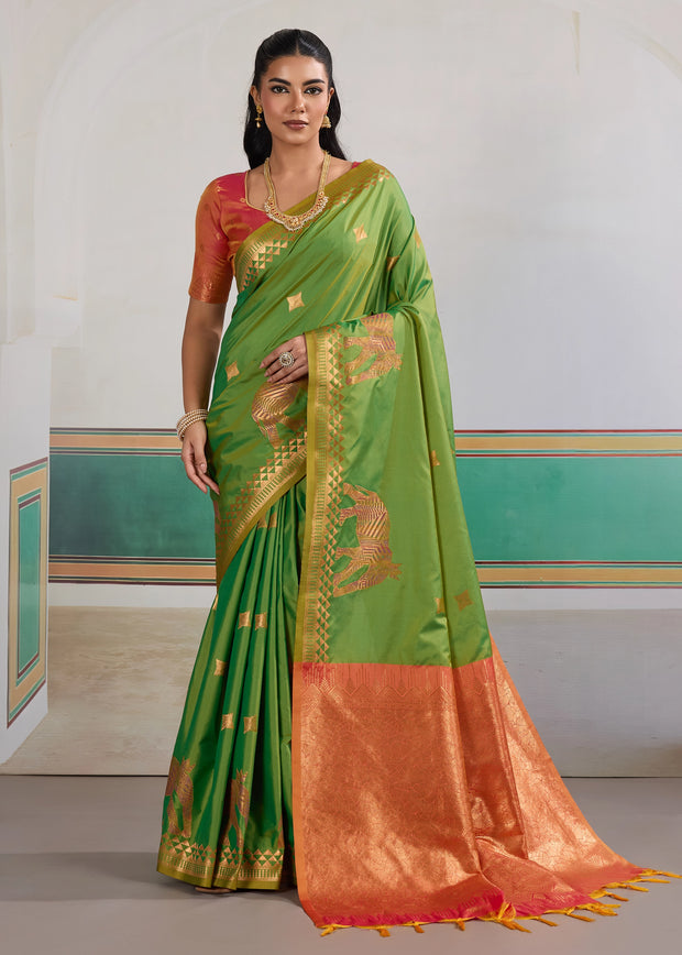 Summer Green Woven Silk Saree With Contrast Blouse