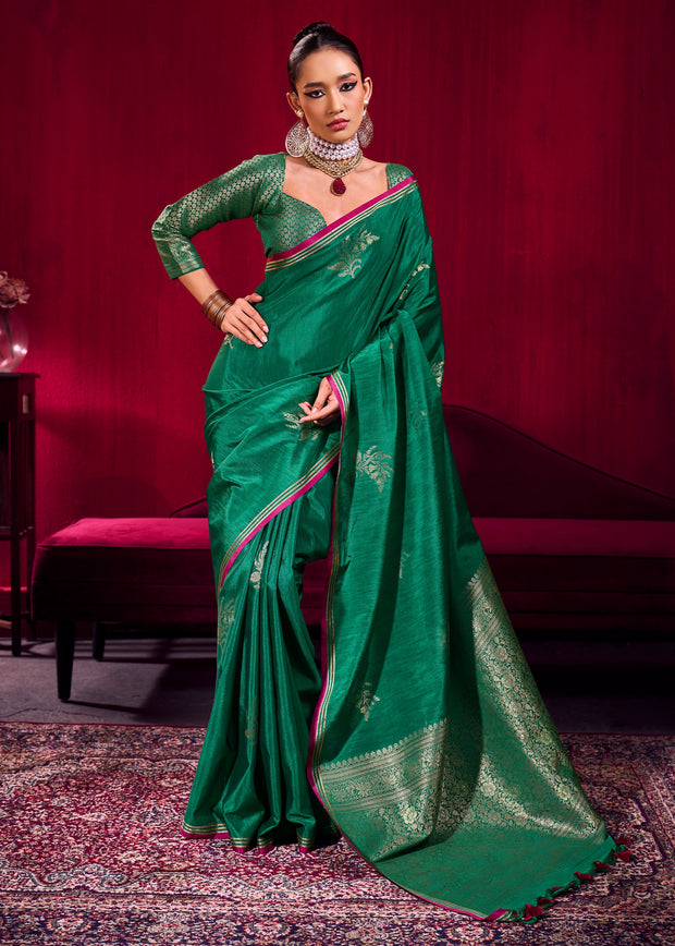 Forast Green Woven Banarasi Satin Linen Silk Saree