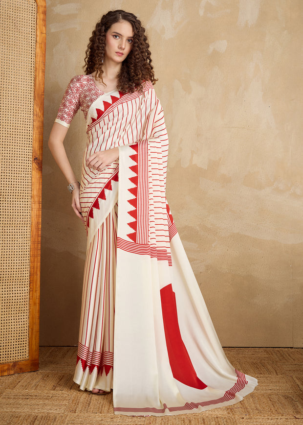 Off White And Red Printed Satin Silk Saree
