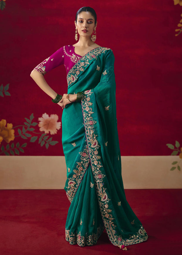 Peacock Green Designer Embroidered Saree