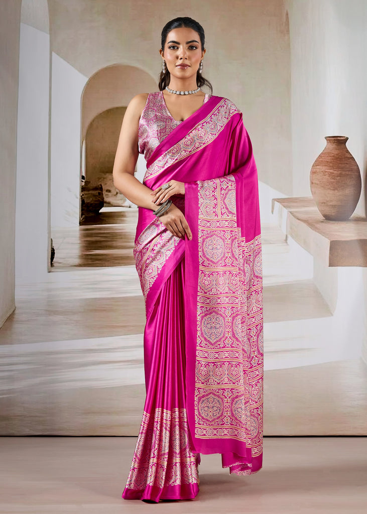 Princess Pink Printed Satin Silk Saree