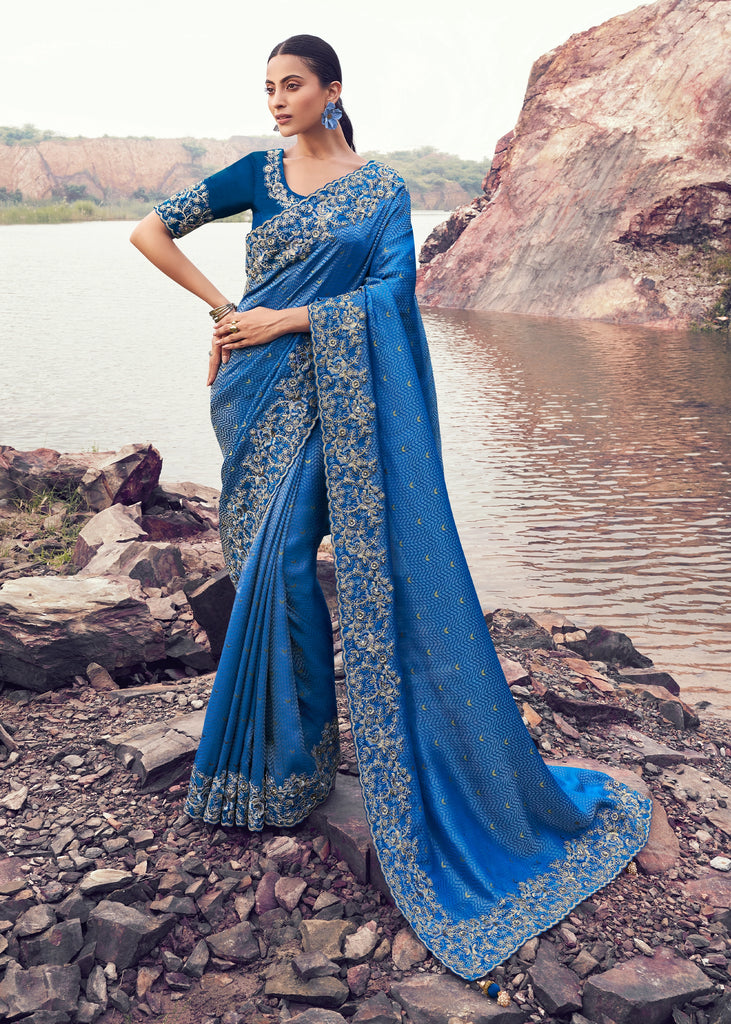 Sapphire Blue Woven Embroidered Satin Silk Saree