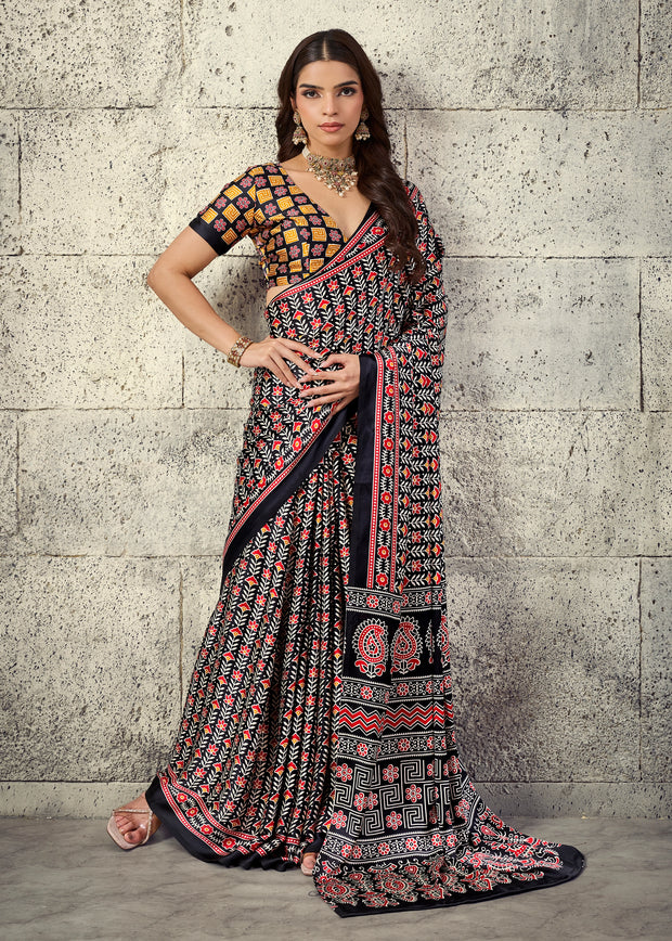 Black Printed Satin Silk Saree