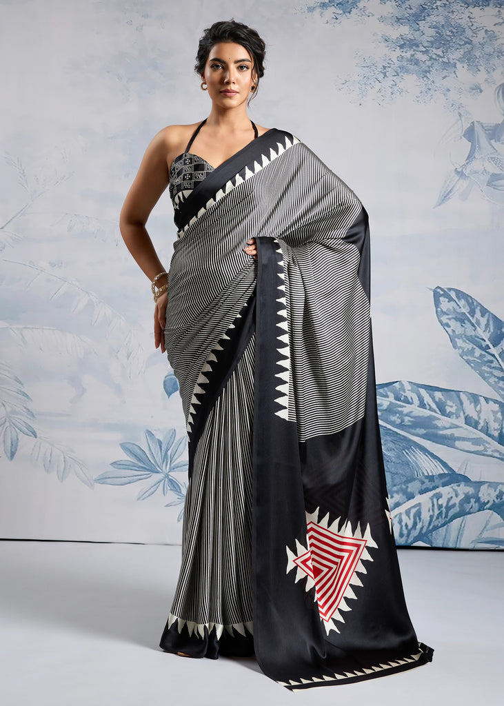 Black And White Printed Satin Silk Saree