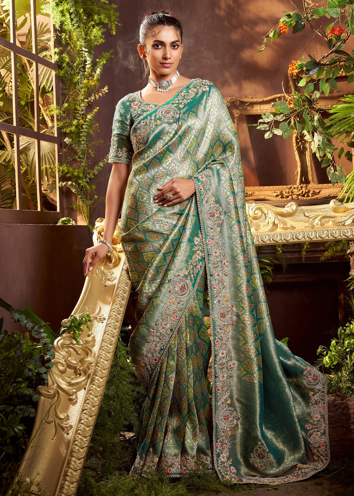 Antique Green Embroidered Designer Saree