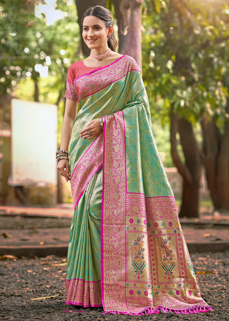 Golden Green Woven Kanjivaram Silk Saree