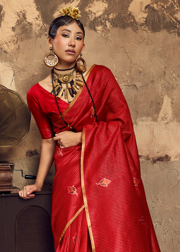 Cherry Red Woven silk saree