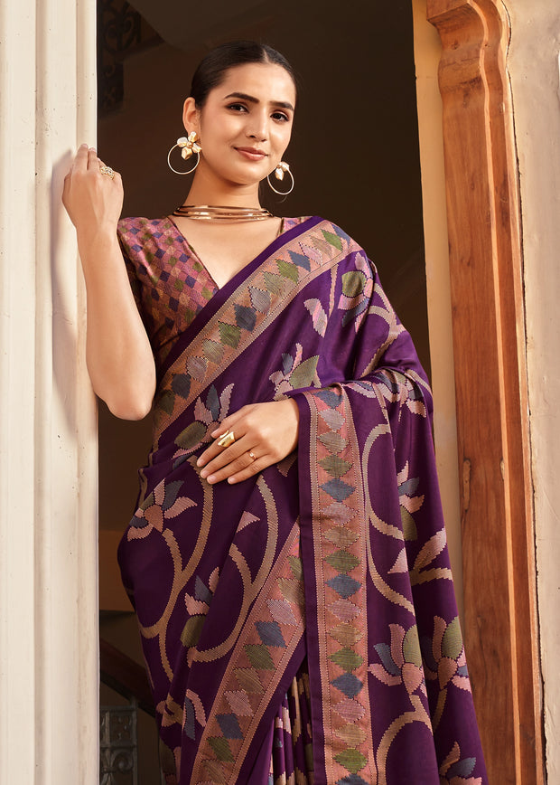 Royal Purple Floral Printed Soft Silk Saree