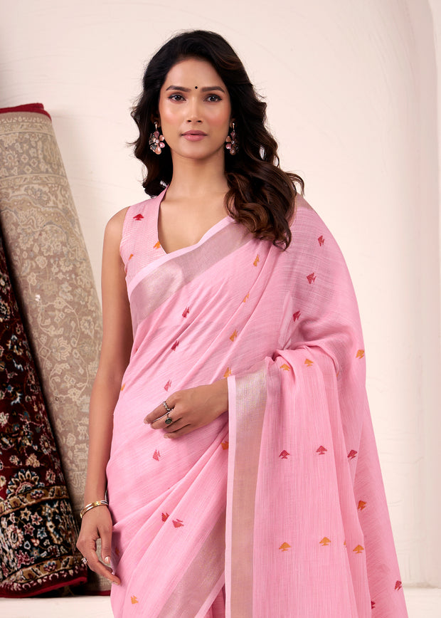 Lilac Pink Woven Linen Silk Saree