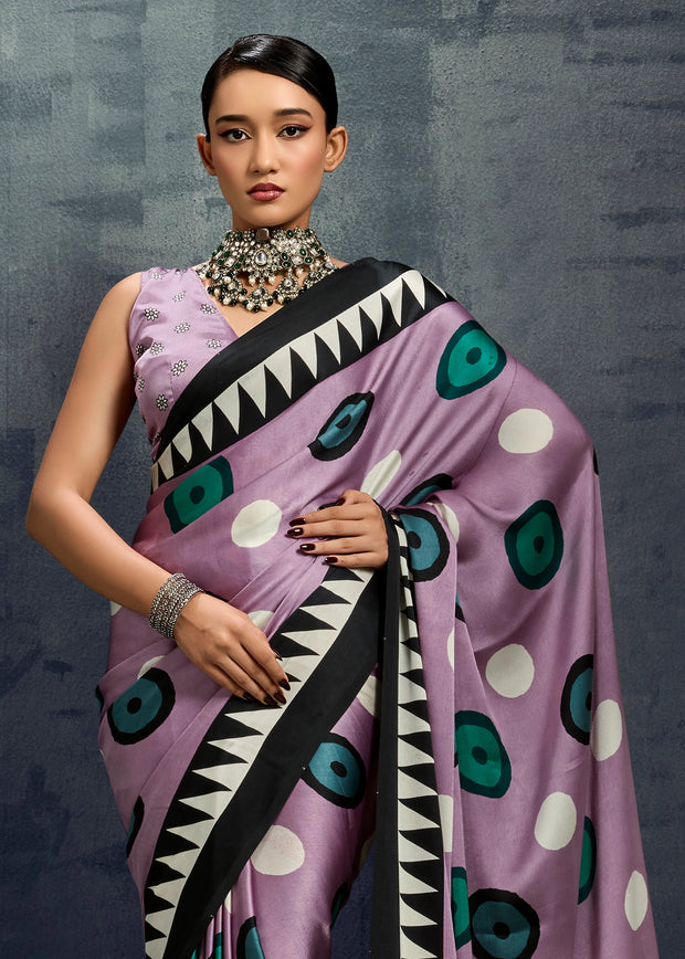 Dusky Lavender Printed Satin Silk Saree