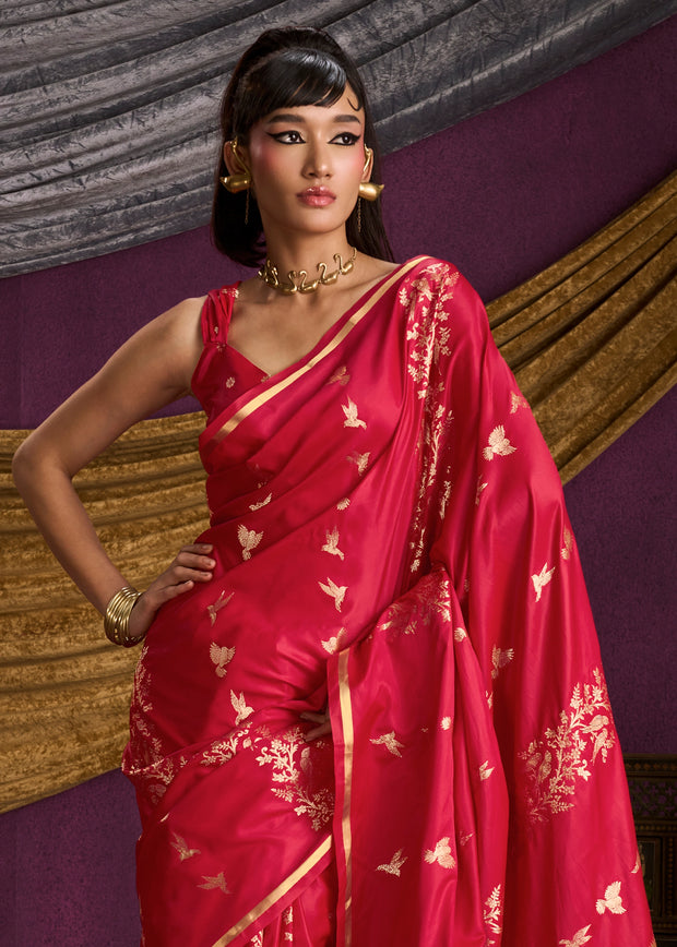 Scarlet Red Banarasi Satin Silk Saree