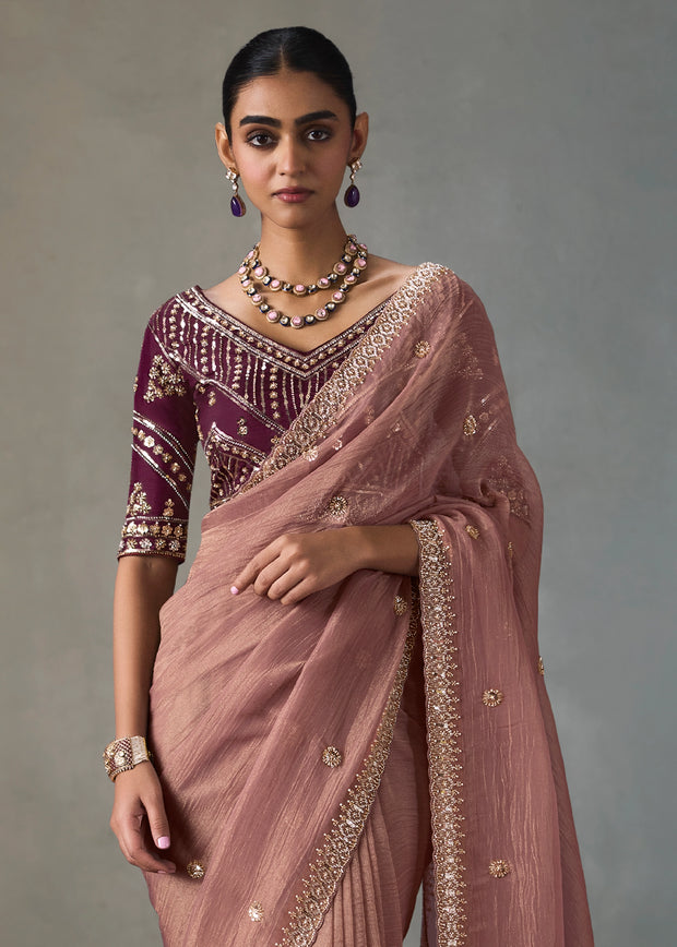 Mauve Embroidered Silk Saree With Heavy Blouse